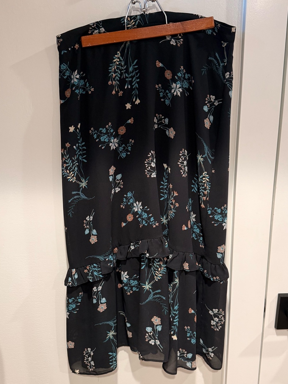 june & hudson Black Floral Ruffle Midi Skirt with Teal Accents